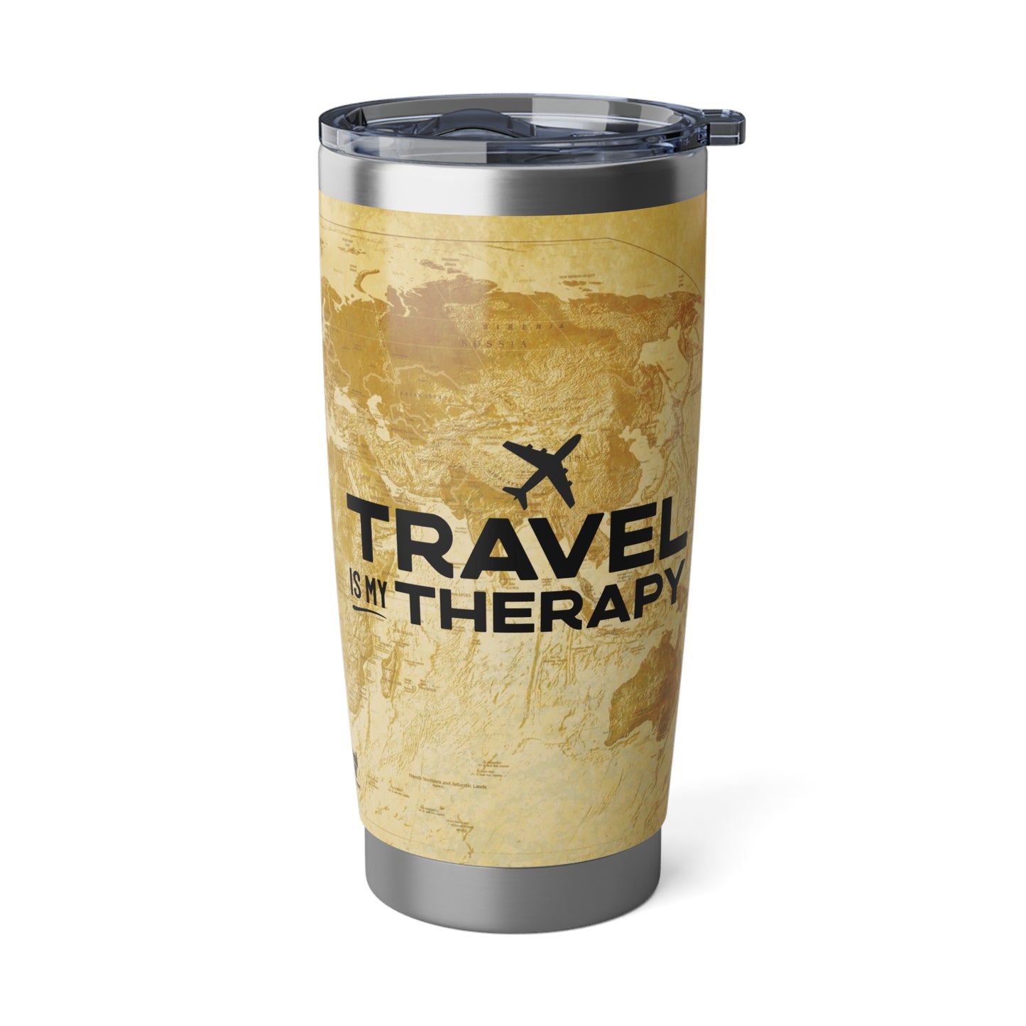 Travel is My Therapy World Map Tumbler, 20oz