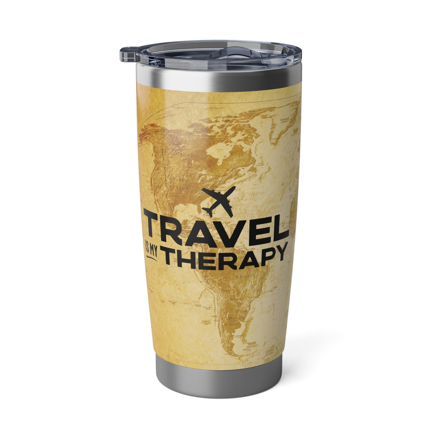 Travel is My Therapy World Map Tumbler, 20oz
