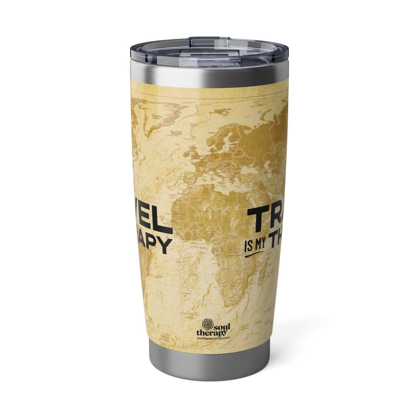 Travel is My Therapy World Map Tumbler, 20oz